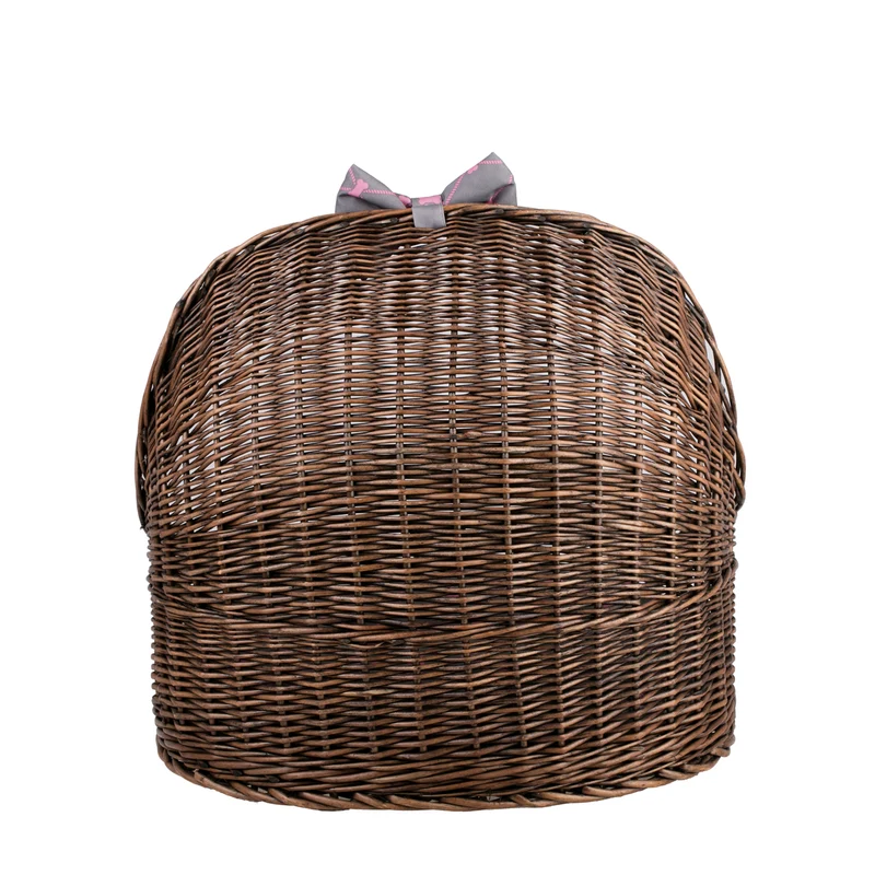 Elsa wicker pet bed basket with grey cushion and bow TheWickerStories