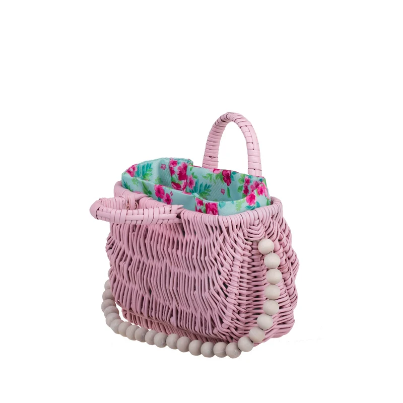 Werlissa wicker basket-handbag for women with mint trim, handle, and decorative beads TheWickerStories