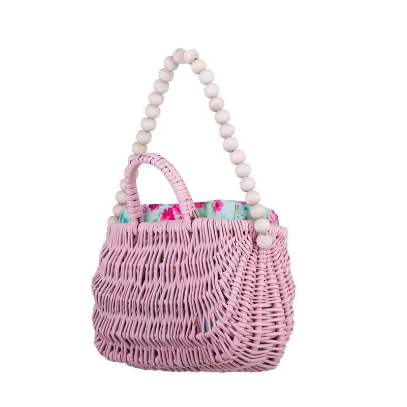 Werlissa wicker basket-handbag for women with mint trim, handle, and decorative beads TheWickerStories
