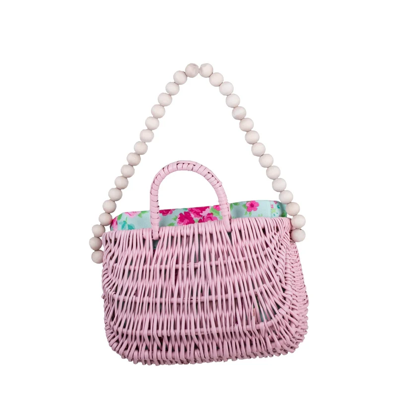 Werlissa wicker basket-handbag for women with mint trim, handle, and decorative beads TheWickerStories