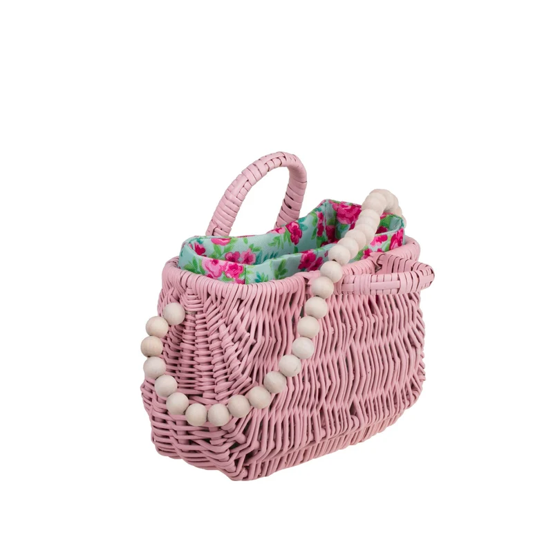 Werlissa wicker basket-handbag for women with mint trim, handle, and decorative beads TheWickerStories