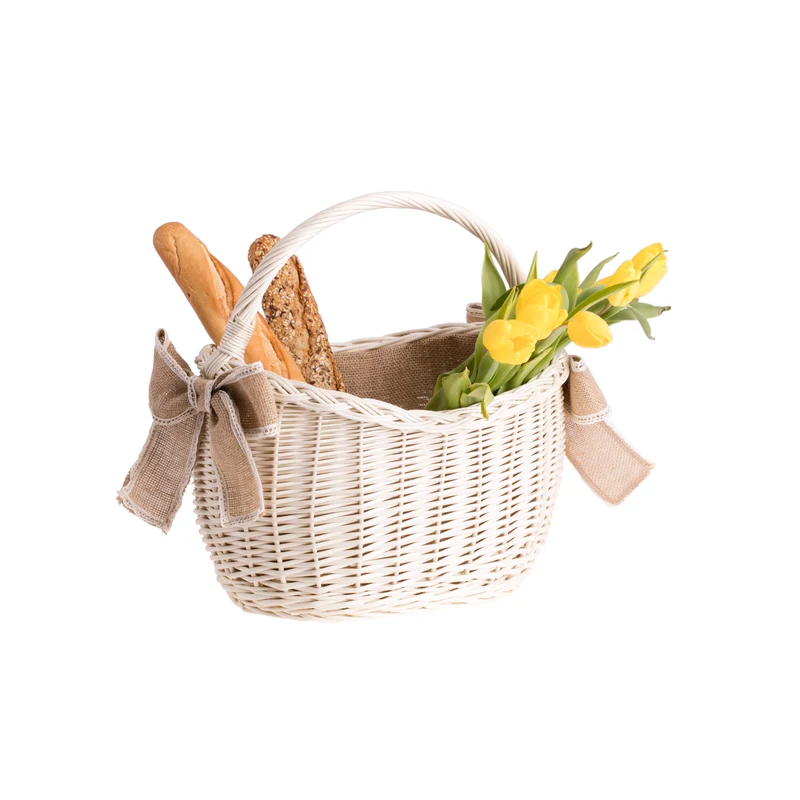 Wavellia wicker shopping basket with jute trim, handle, and bows TheWickerStories
