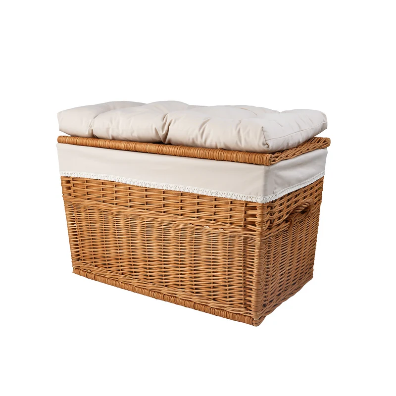 Kogia wicker basket with beige trim, cushion, handles and lid TheWickerStories