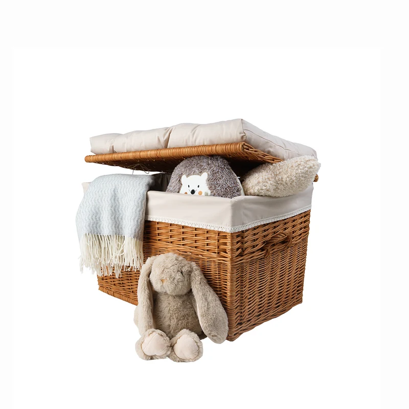 Kogia wicker basket with beige trim, cushion, handles and lid TheWickerStories