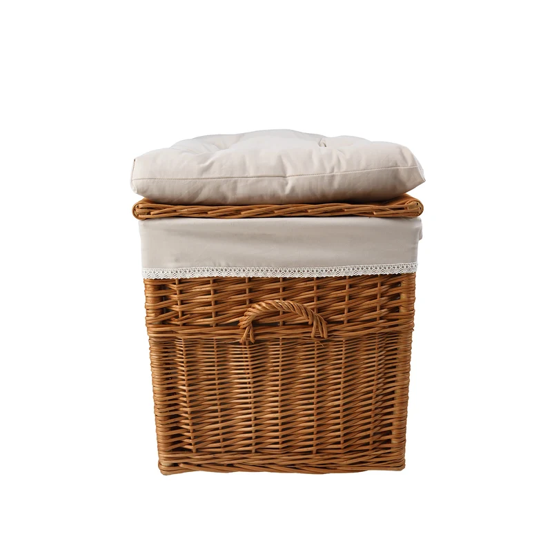 Kogia wicker basket with beige trim, cushion, handles and lid TheWickerStories