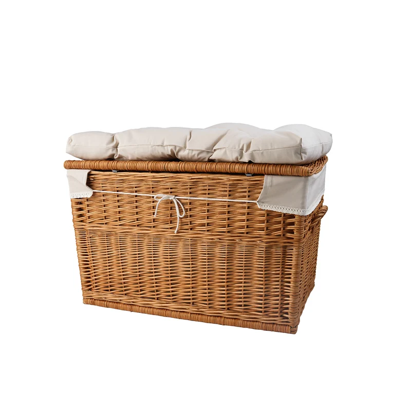 Kogia wicker basket with beige trim, cushion, handles and lid TheWickerStories