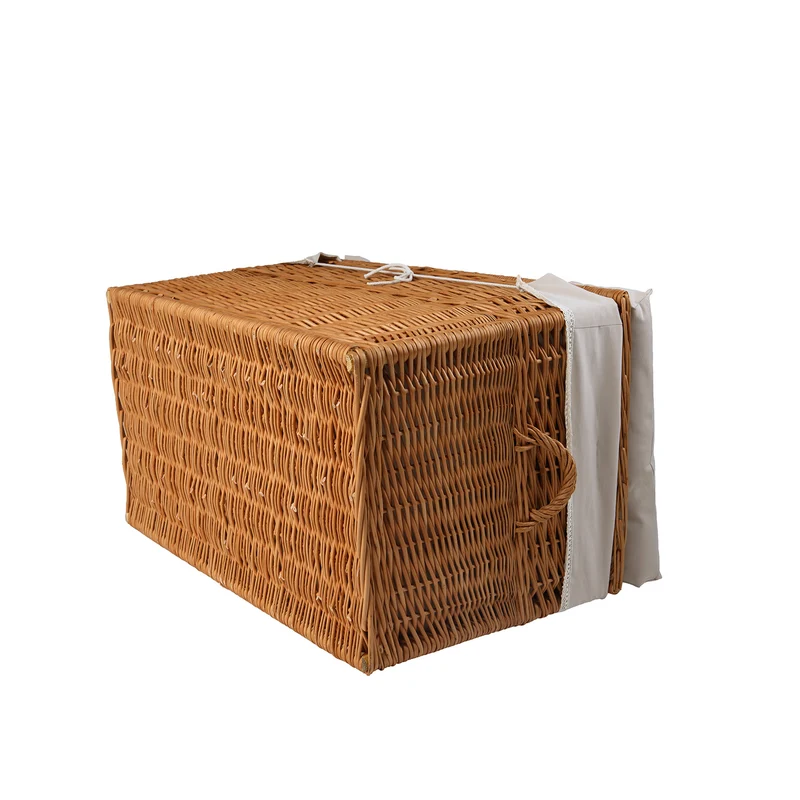 Kogia wicker basket with beige trim, cushion, handles and lid TheWickerStories