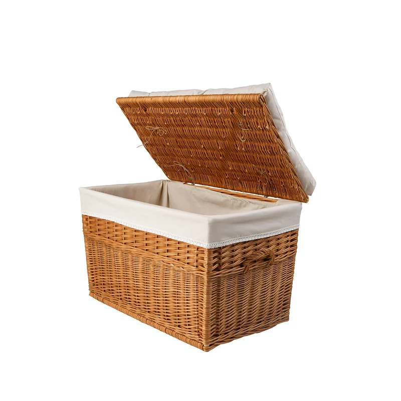 Kogia wicker basket with beige trim, cushion, handles and lid TheWickerStories