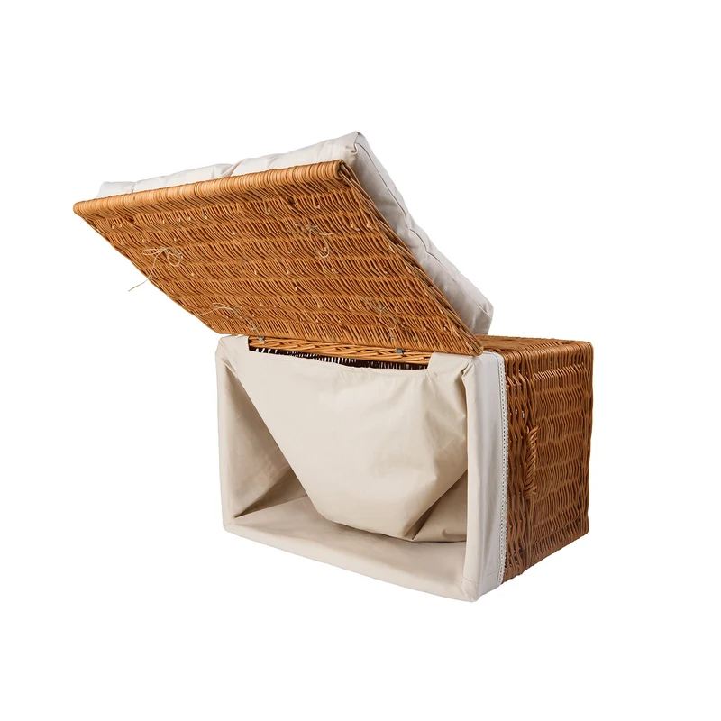 Kogia wicker basket with beige trim, cushion, handles and lid TheWickerStories