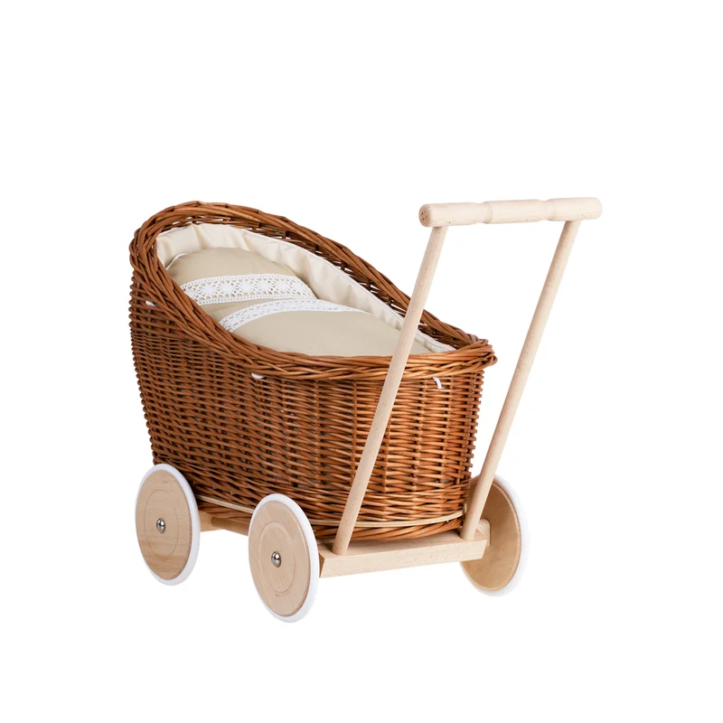 Luna wicker doll stroller with beige trim, blanket, and pillow TheWickerStories