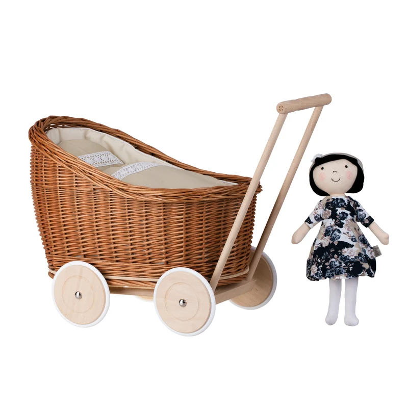 Luna wicker doll stroller with beige trim, blanket, and pillow TheWickerStories