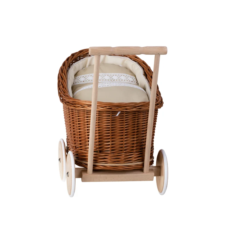 Luna wicker doll stroller with beige trim, blanket, and pillow TheWickerStories