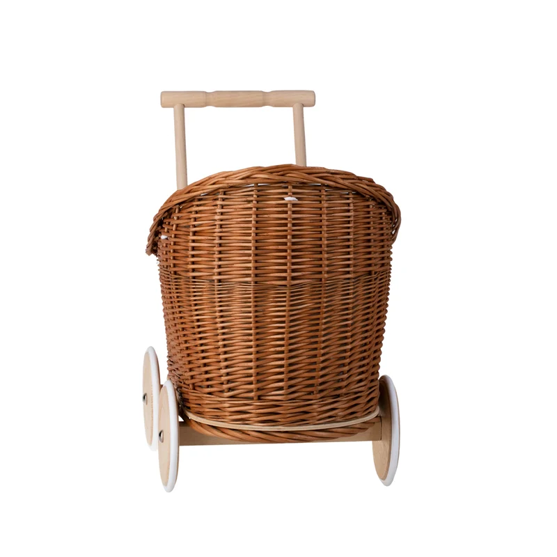 Luna wicker doll stroller with beige trim, blanket, and pillow TheWickerStories