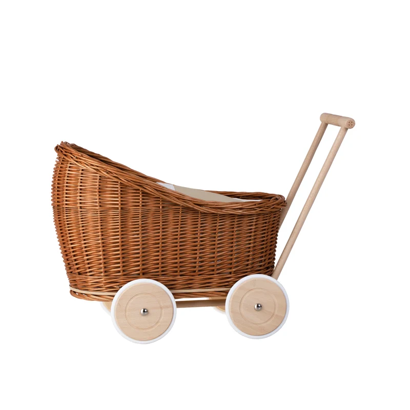 Luna wicker doll stroller with beige trim, blanket, and pillow TheWickerStories