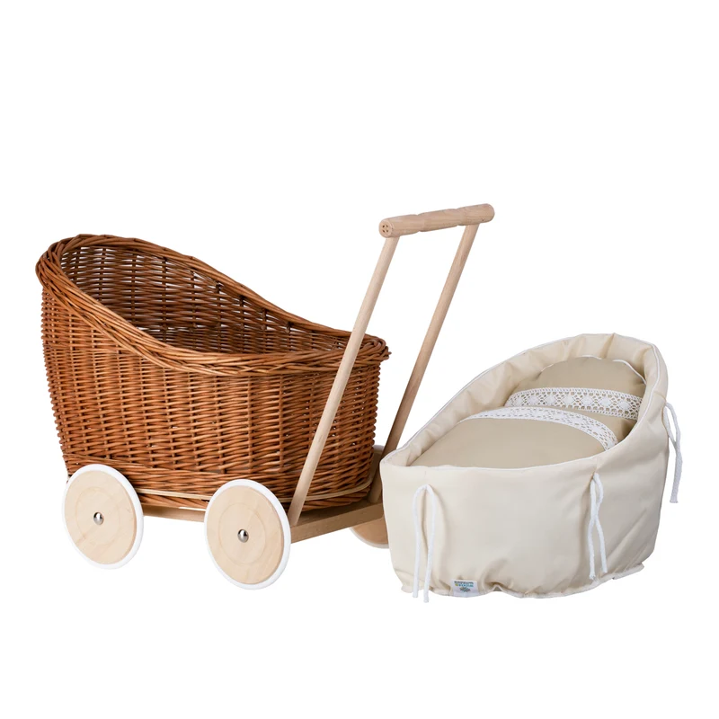 Luna wicker doll stroller with beige trim, blanket, and pillow TheWickerStories