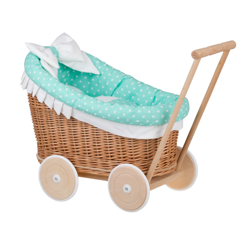 Luna wicker doll stroller with mint trim, blanket and pillow by TheWickerStories