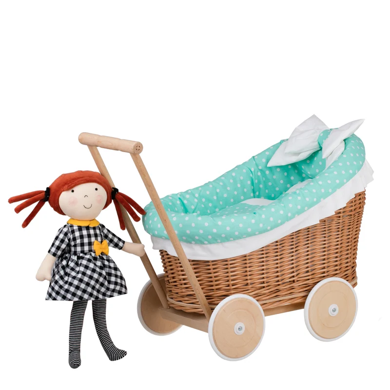 Luna wicker doll stroller with mint trim, blanket and pillow by TheWickerStories