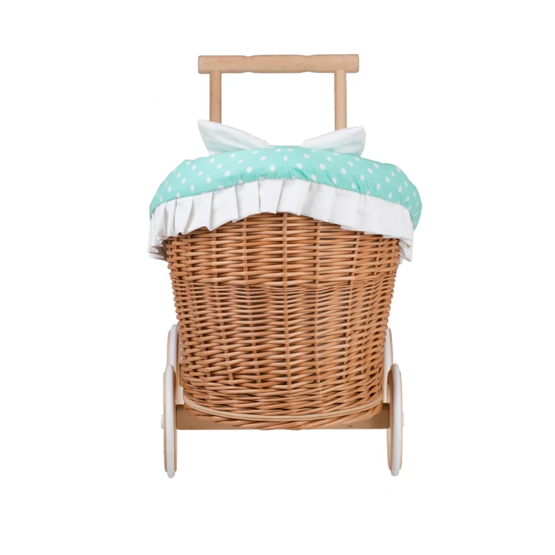 Luna wicker doll stroller with mint trim, blanket and pillow by TheWickerStories