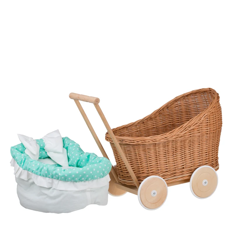 Luna wicker doll stroller with mint trim, blanket and pillow by TheWickerStories