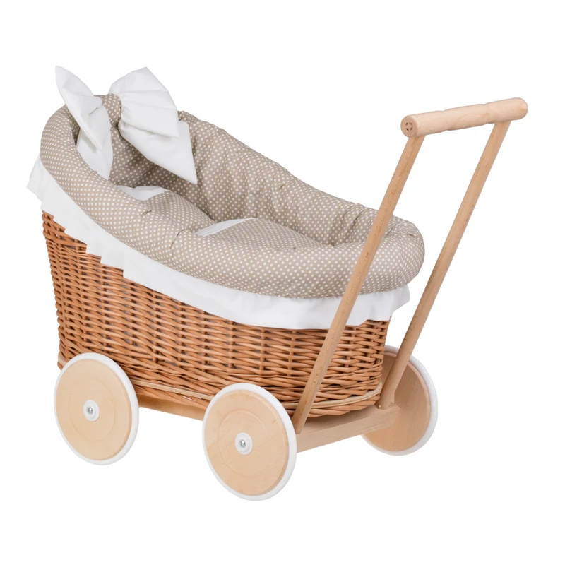 Luna wicker doll stroller with beige trim, blanket, and pillow TheWickerStories