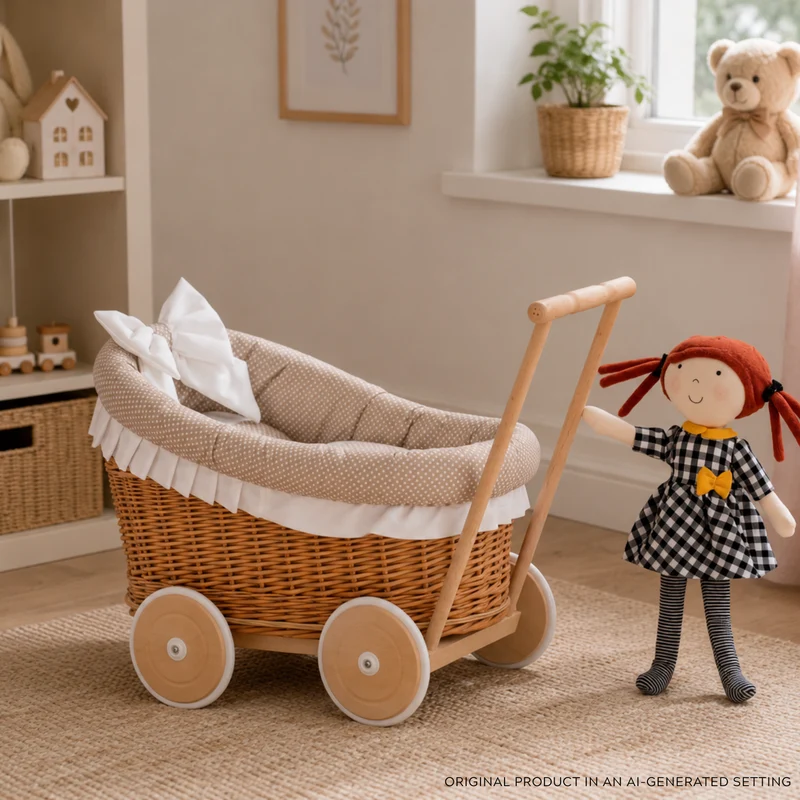 Luna wicker doll stroller with beige trim, blanket, and pillow TheWickerStories