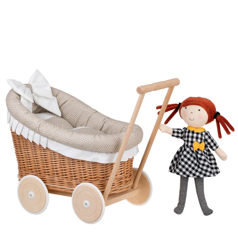 Luna wicker doll stroller with beige trim, blanket, and pillow TheWickerStories