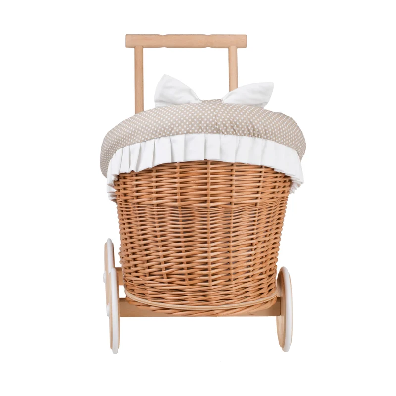 Luna wicker doll stroller with beige trim, blanket, and pillow TheWickerStories