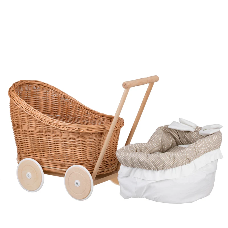 Luna wicker doll stroller with beige trim, blanket, and pillow TheWickerStories