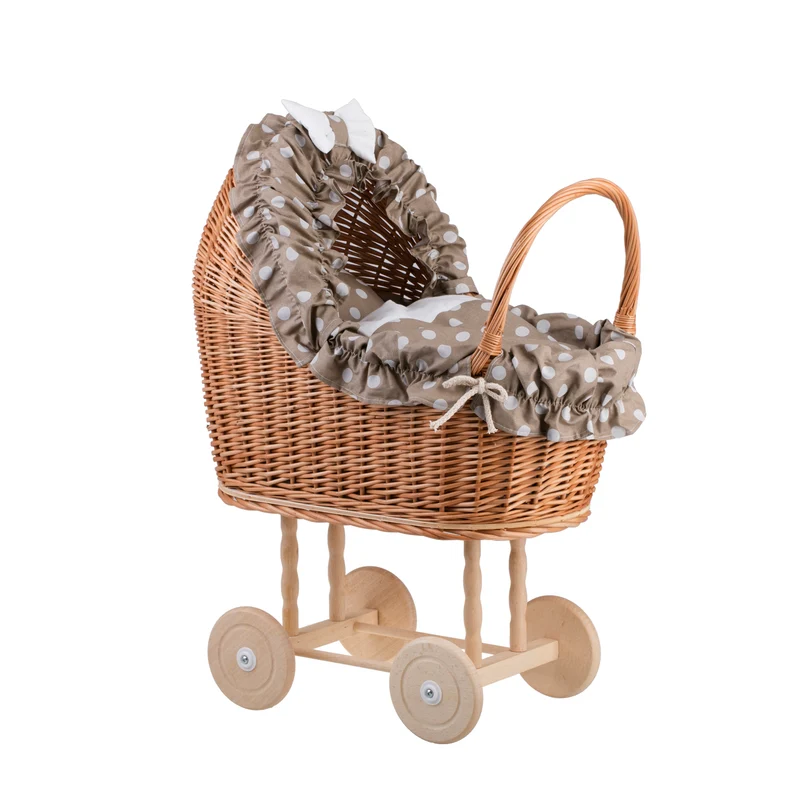 Lulu wicker doll stroller with beige trim, blanket, and pillow TheWickerStories