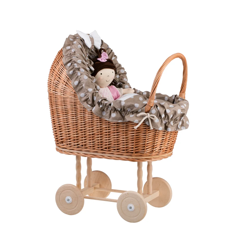 Lulu wicker doll stroller with beige trim, blanket, and pillow TheWickerStories