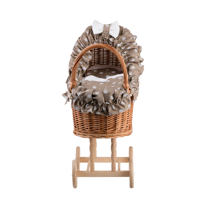 Lulu wicker doll stroller with beige trim, blanket, and pillow TheWickerStories