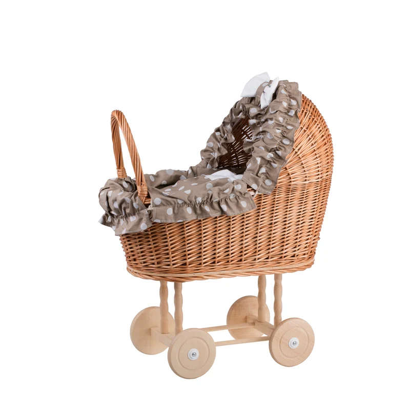 Lulu wicker doll stroller with beige trim, blanket, and pillow TheWickerStories