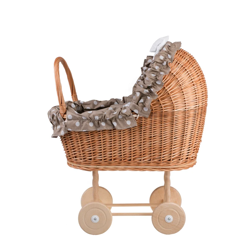 Lulu wicker doll stroller with beige trim, blanket, and pillow TheWickerStories
