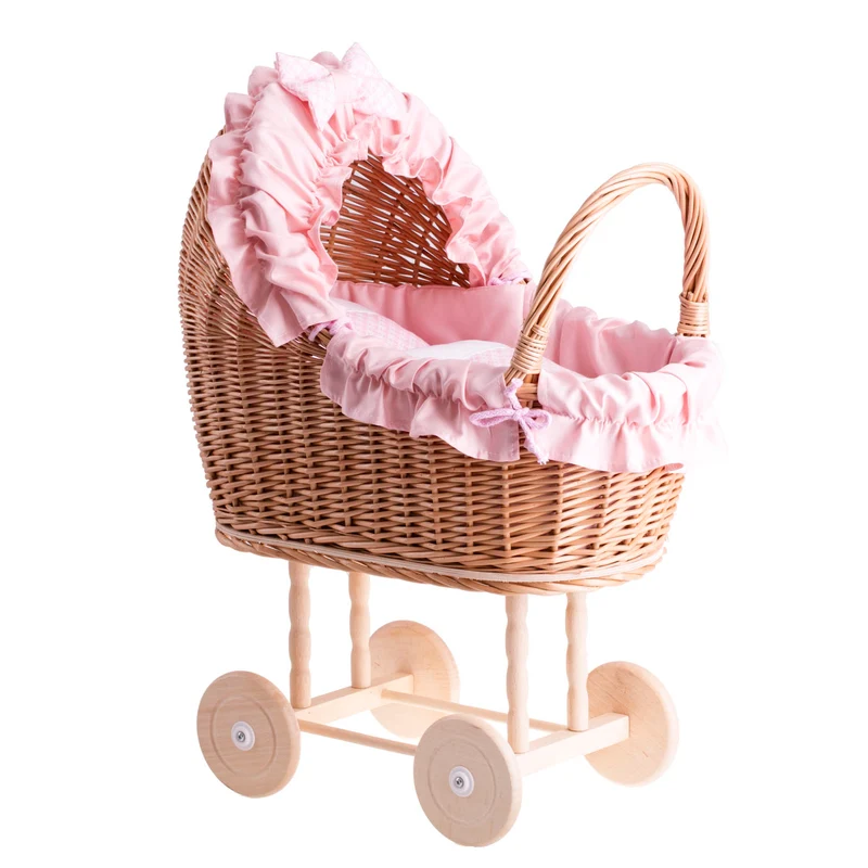 Lulu wicker doll stroller with pink trim, blanket, and pillow TheWickerStories