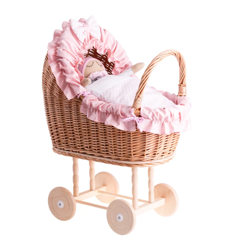 Lulu wicker doll stroller with pink trim, blanket, and pillow TheWickerStories