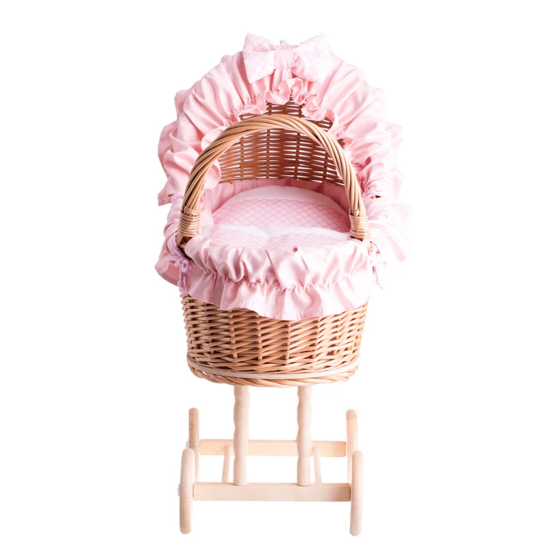 Lulu wicker doll stroller with pink trim, blanket, and pillow TheWickerStories