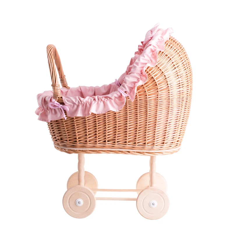 Lulu wicker doll stroller with pink trim, blanket, and pillow TheWickerStories