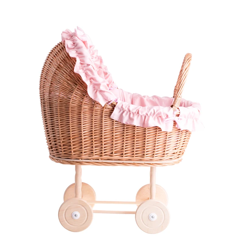 Lulu wicker doll stroller with pink trim, blanket, and pillow TheWickerStories