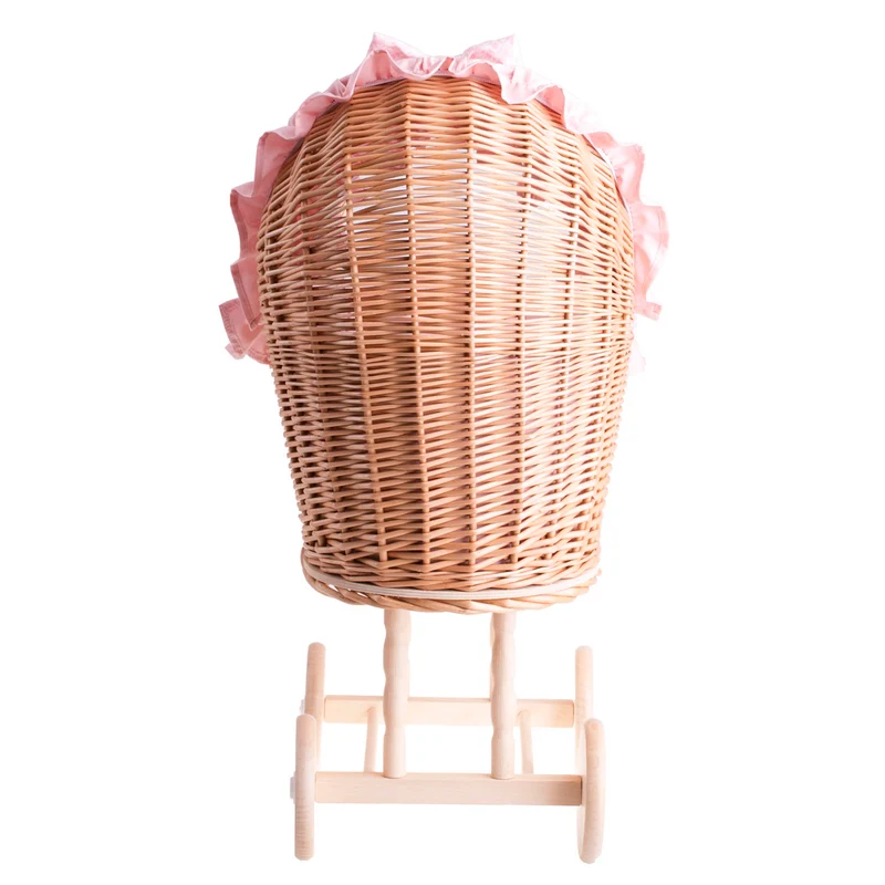 Lulu wicker doll stroller with pink trim, blanket, and pillow TheWickerStories
