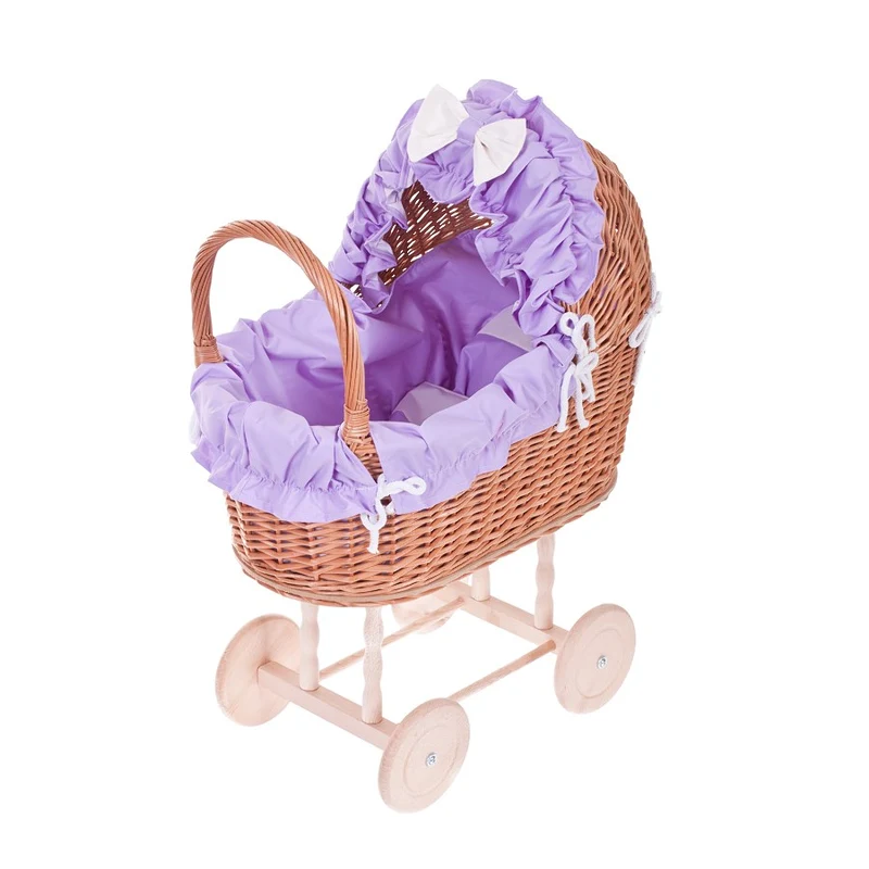 Lulu wicker doll stroller with purple trim, blanket, and pillow TheWickerStories
