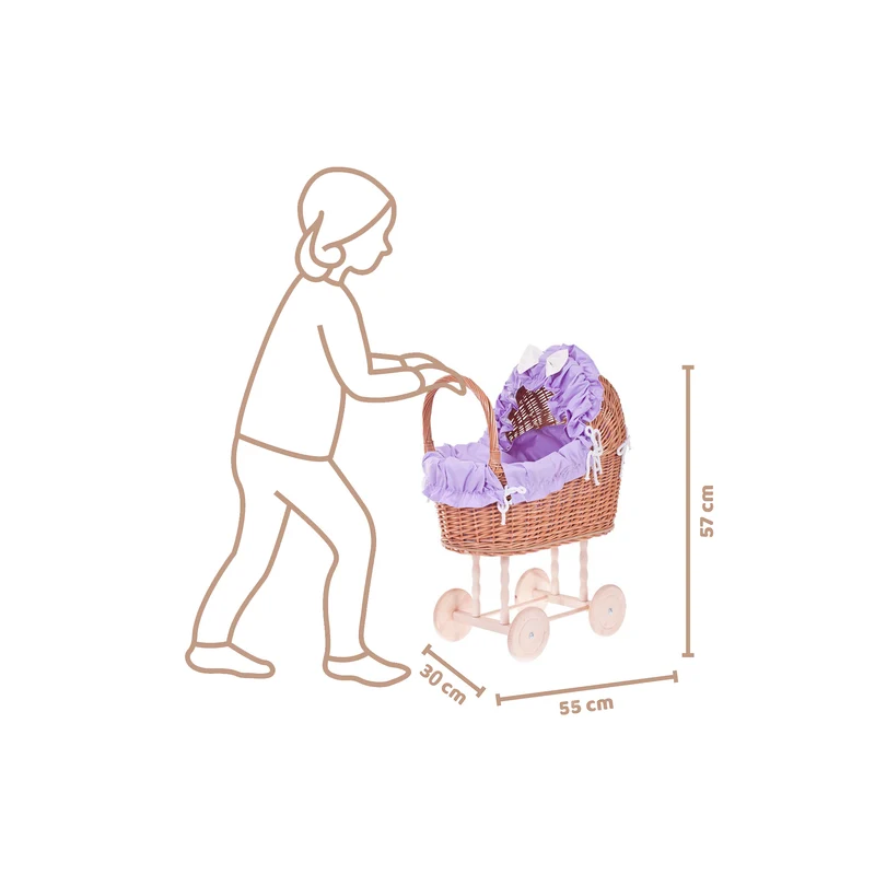 Lulu wicker doll stroller with purple trim, blanket, and pillow TheWickerStories