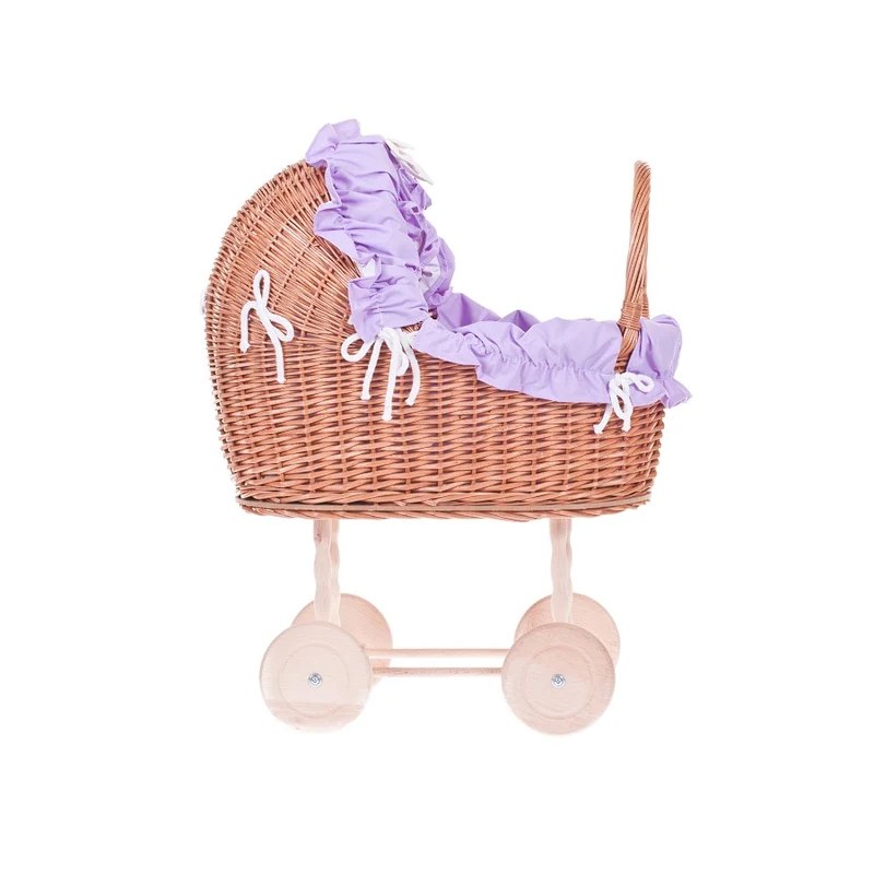 Lulu wicker doll stroller with purple trim, blanket, and pillow TheWickerStories