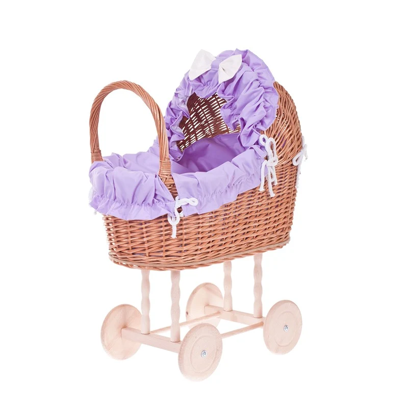 Lulu wicker doll stroller with purple trim, blanket, and pillow TheWickerStories