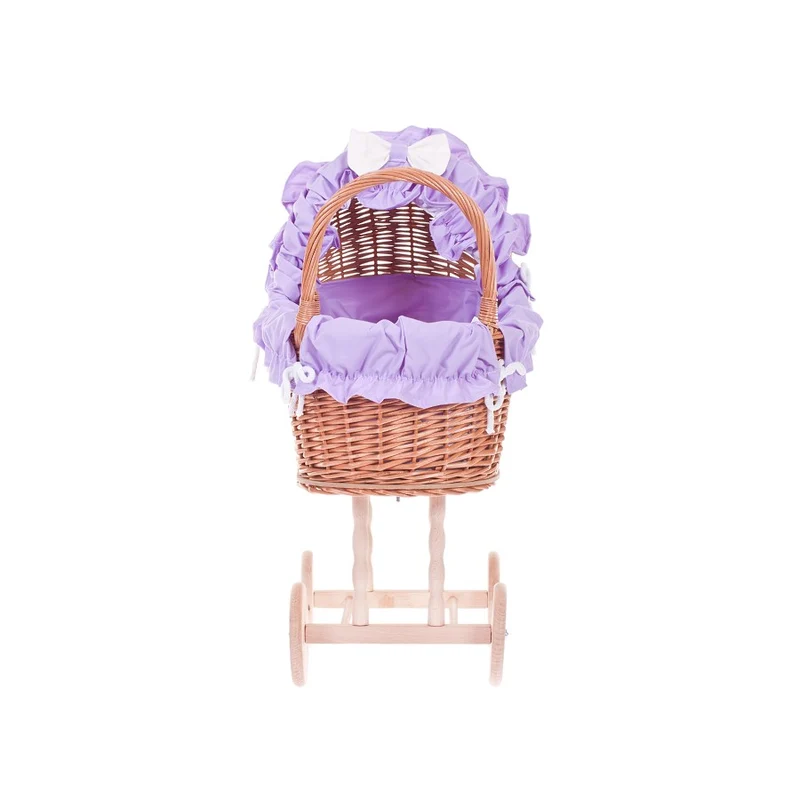 Lulu wicker doll stroller with purple trim, blanket, and pillow TheWickerStories