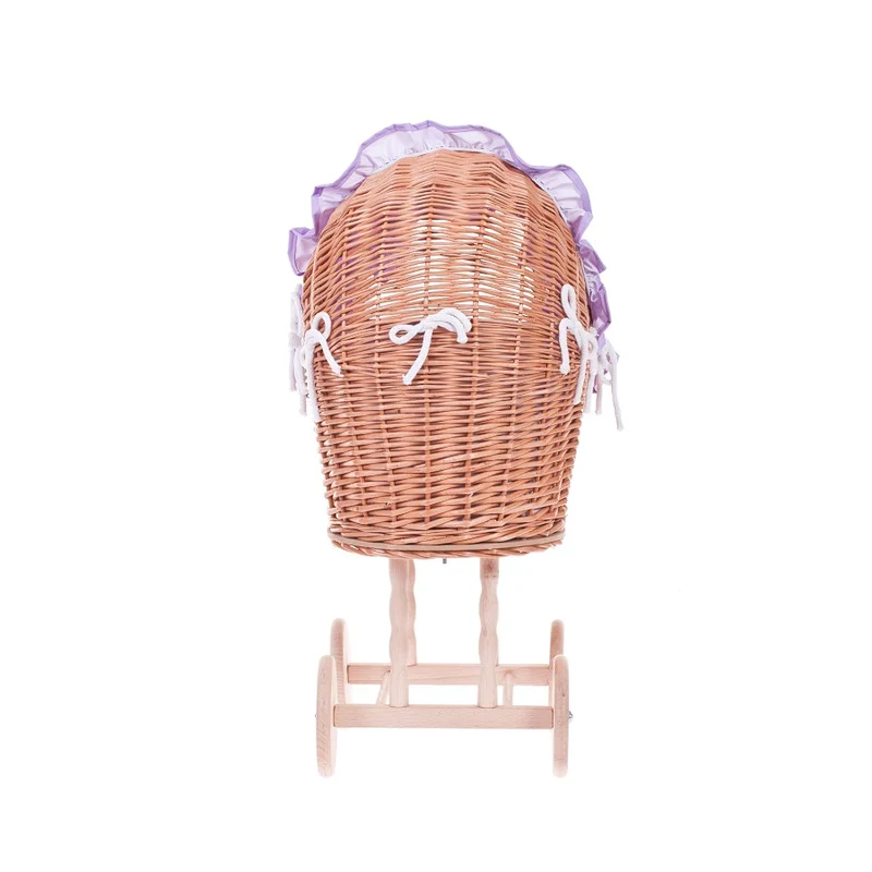 Lulu wicker doll stroller with purple trim, blanket, and pillow TheWickerStories