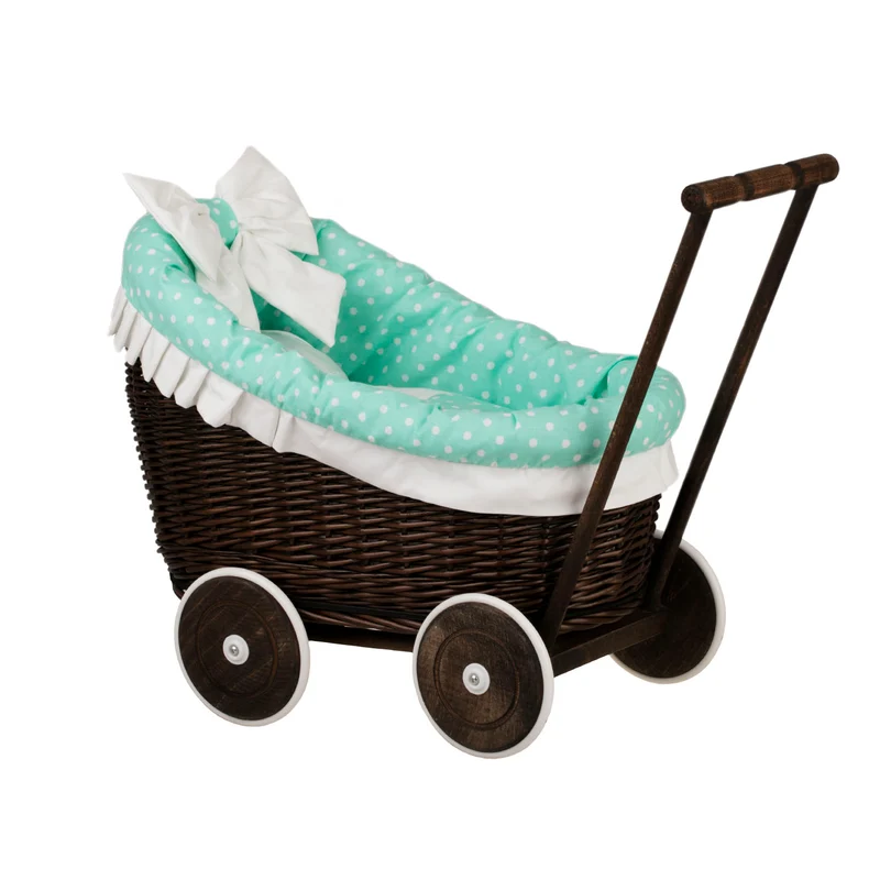 Luna wicker doll stroller with mint trim, blanket, and pillow TheWickerStories