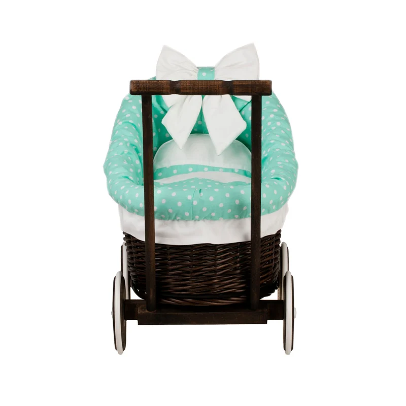 Luna wicker doll stroller with mint trim, blanket, and pillow TheWickerStories