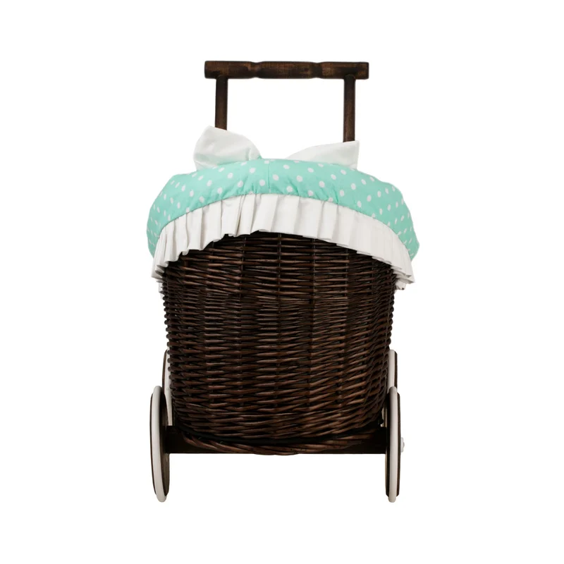 Luna wicker doll stroller with mint trim, blanket, and pillow TheWickerStories