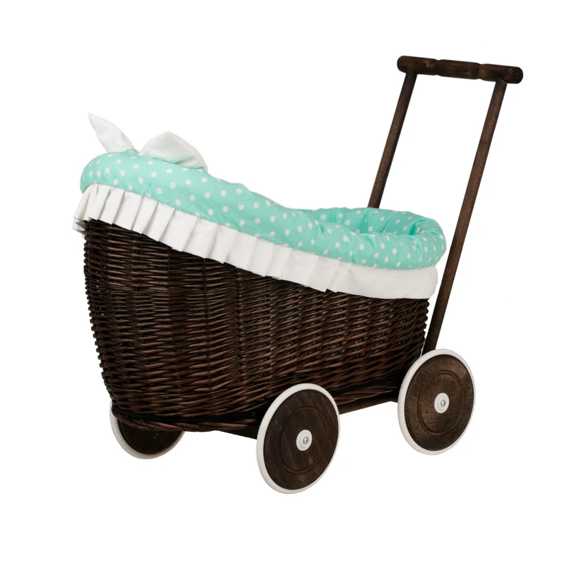 Luna wicker doll stroller with mint trim, blanket, and pillow TheWickerStories