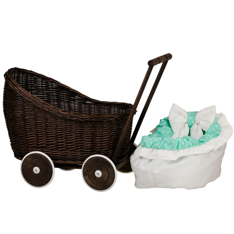 Luna wicker doll stroller with mint trim, blanket, and pillow TheWickerStories